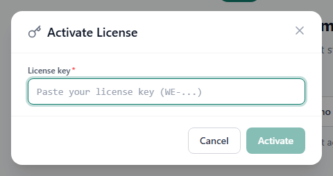 The Activate License dialog with the License key box and the Activate button