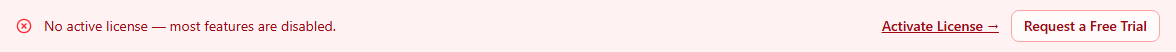 The red No active license bar with Activate License and Request a Free Trial