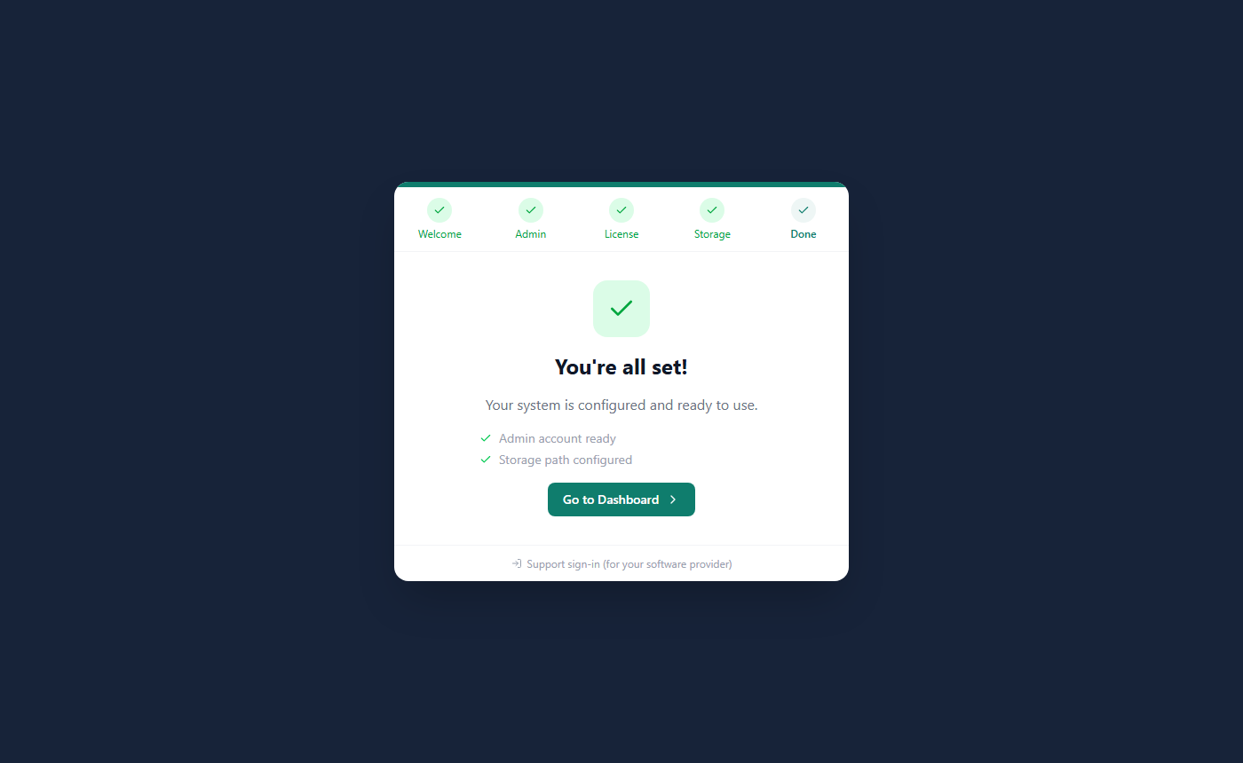 The last step of the setup wizard, You're all set!, with the Go to Dashboard button