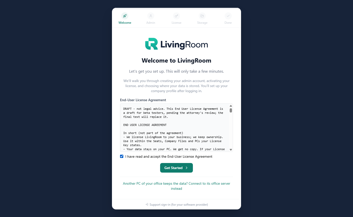 The setup wizard's Welcome step with the Get Started button