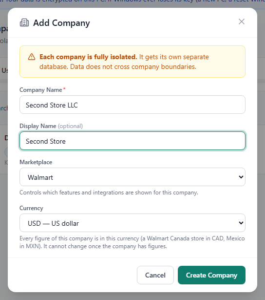 The Add Company dialog with Company Name, Display Name, Marketplace and Grant Access To