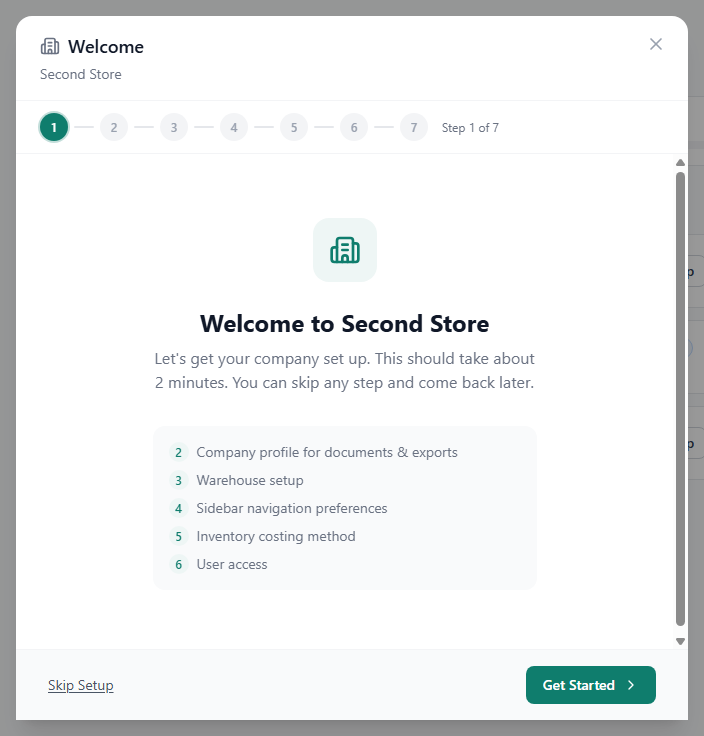 The company setup wizard on its Welcome step, with the step indicator 1 to 7