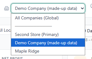 The company switcher opened, listing All Companies (Global) and the companies