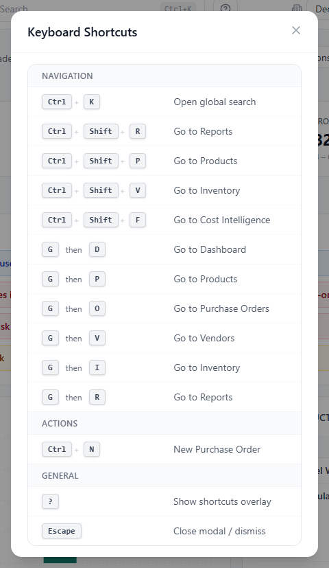 The Keyboard Shortcuts overlay with the Navigation, Actions and General groups