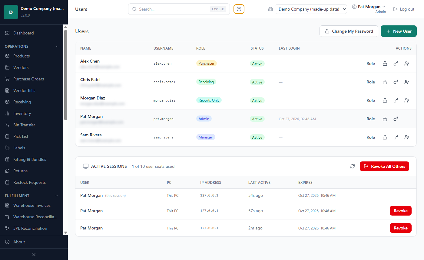 The Users page with the list of users, their roles, status and last login