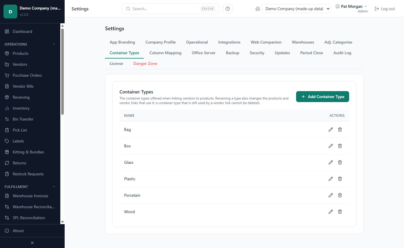 Settings, Container Types tab with the list of container types