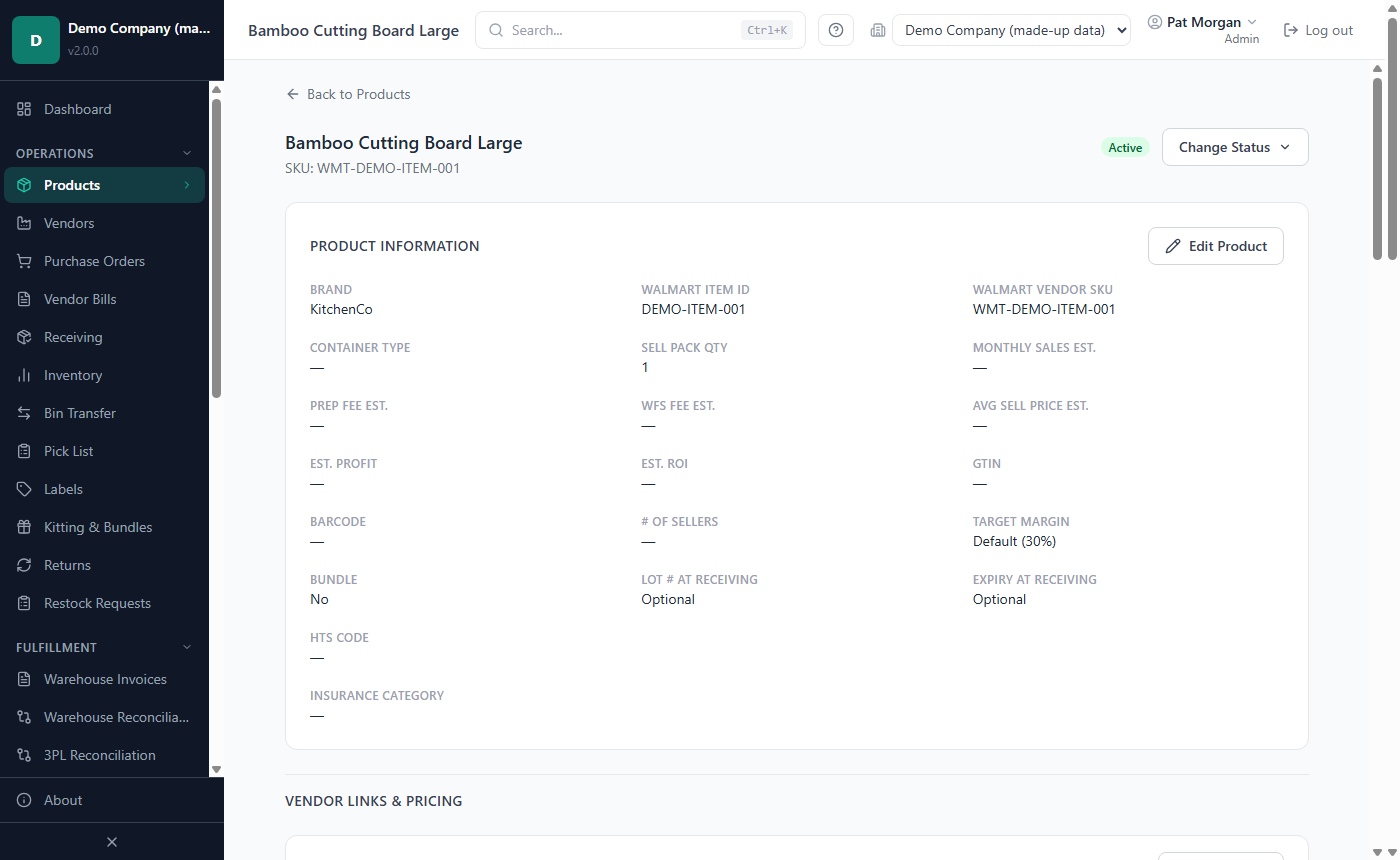 The product page with product information, identifiers and status