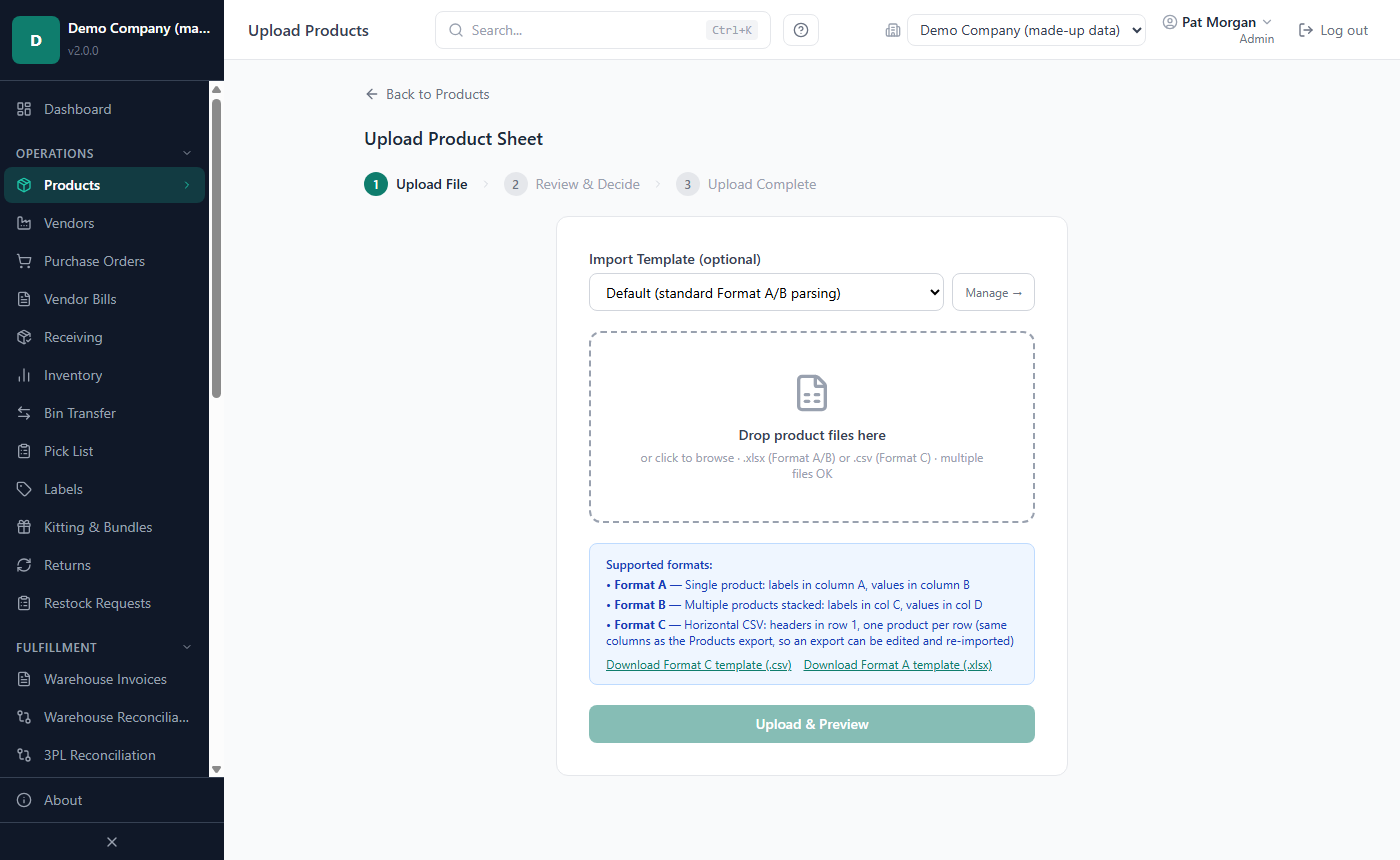 The Upload Products page, first step, with the drop area and the supported formats
