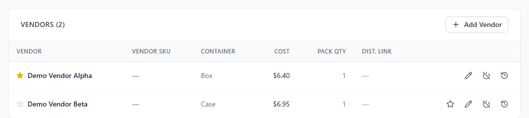 The Vendors card of a product with two vendor links, the preferred one starred
