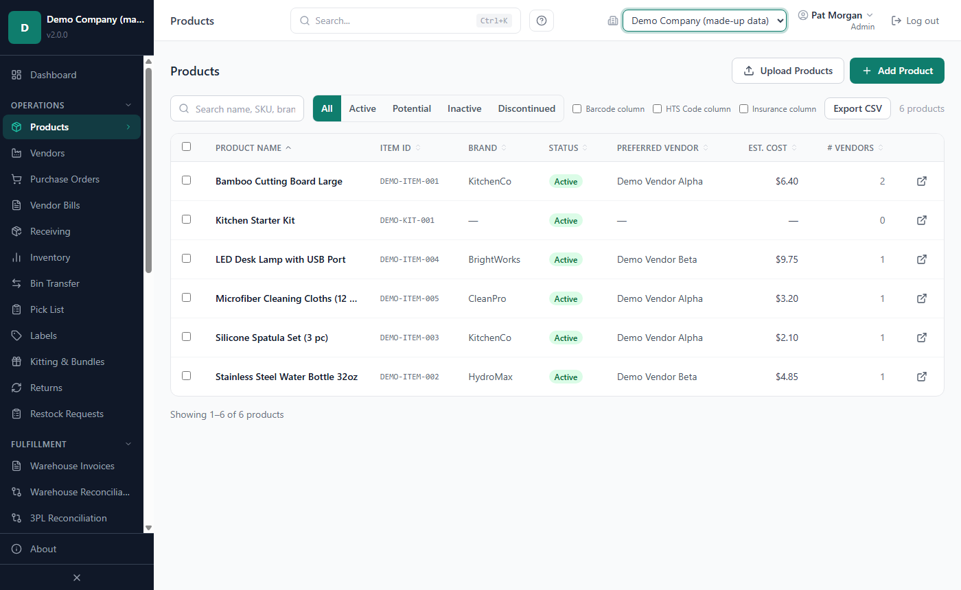 The Products list with the search box, status tabs and product rows
