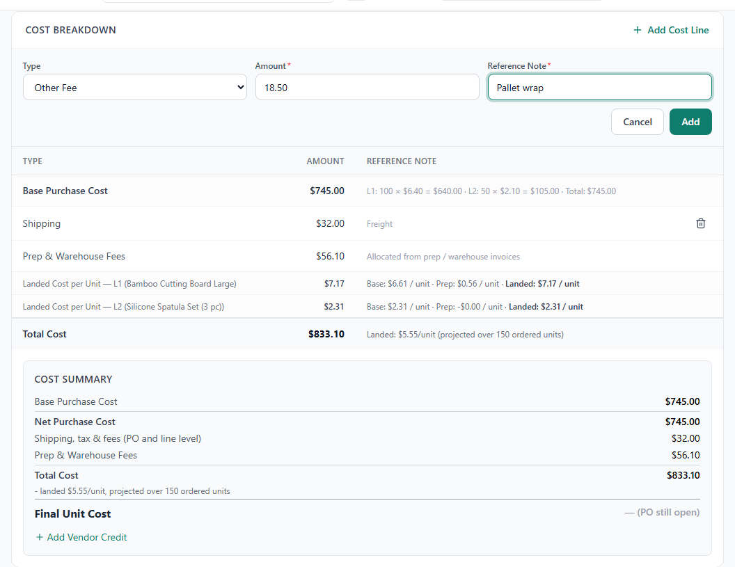 The Add Cost Line form on a purchase order with Type, Amount and Reference Note