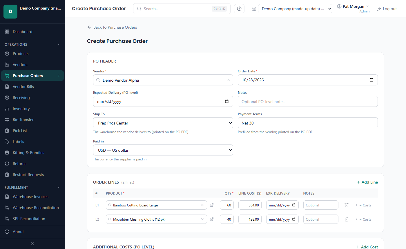 Create Purchase Order form with the PO Header, two order lines and the Cost Summary