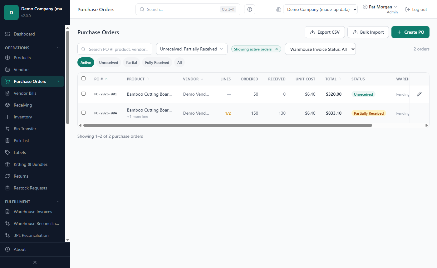 Purchase Orders list with status filters, quick filter chips and the Create PO button