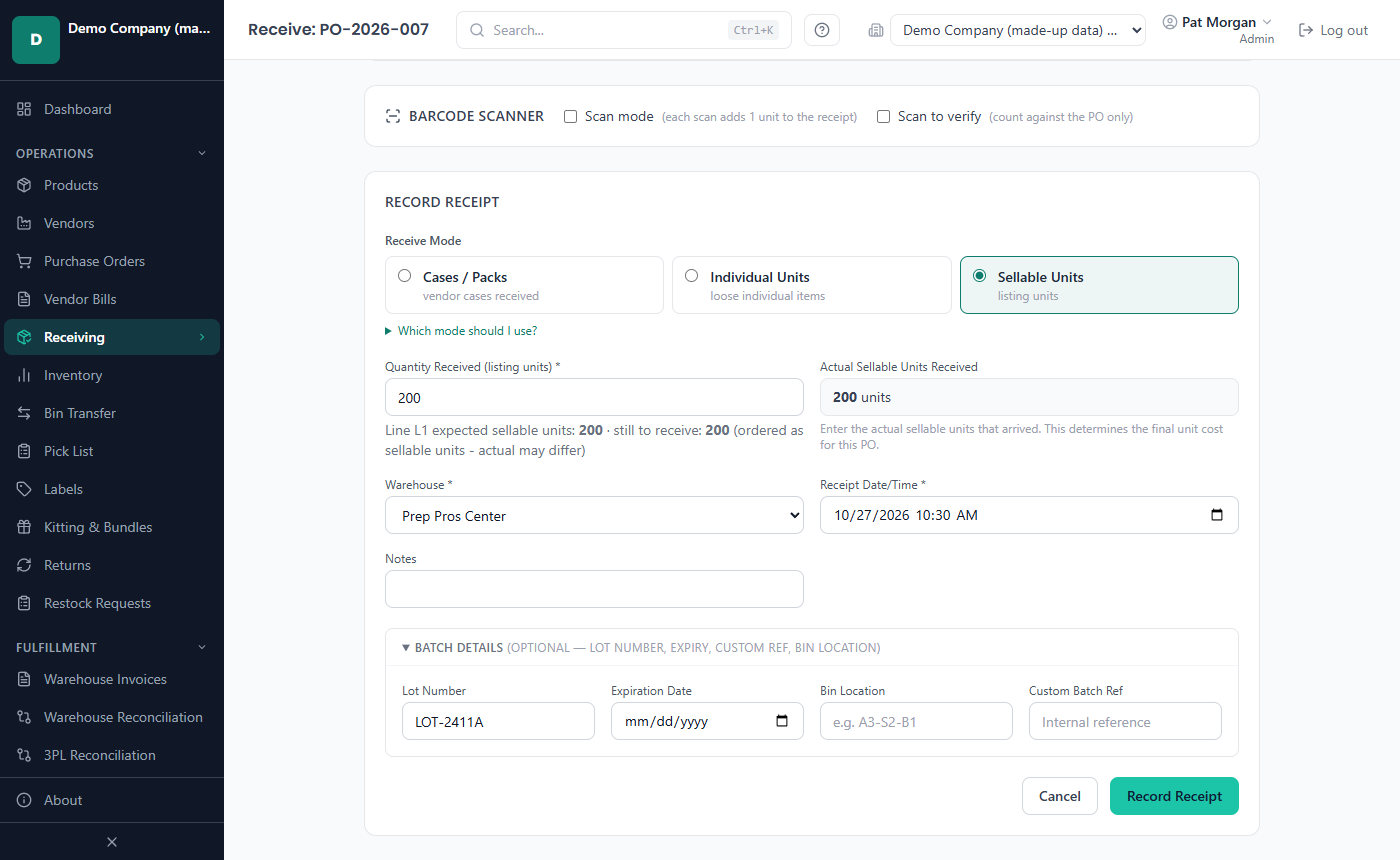 Receive form for a PO line with the receive mode, quantity, warehouse and Batch Details