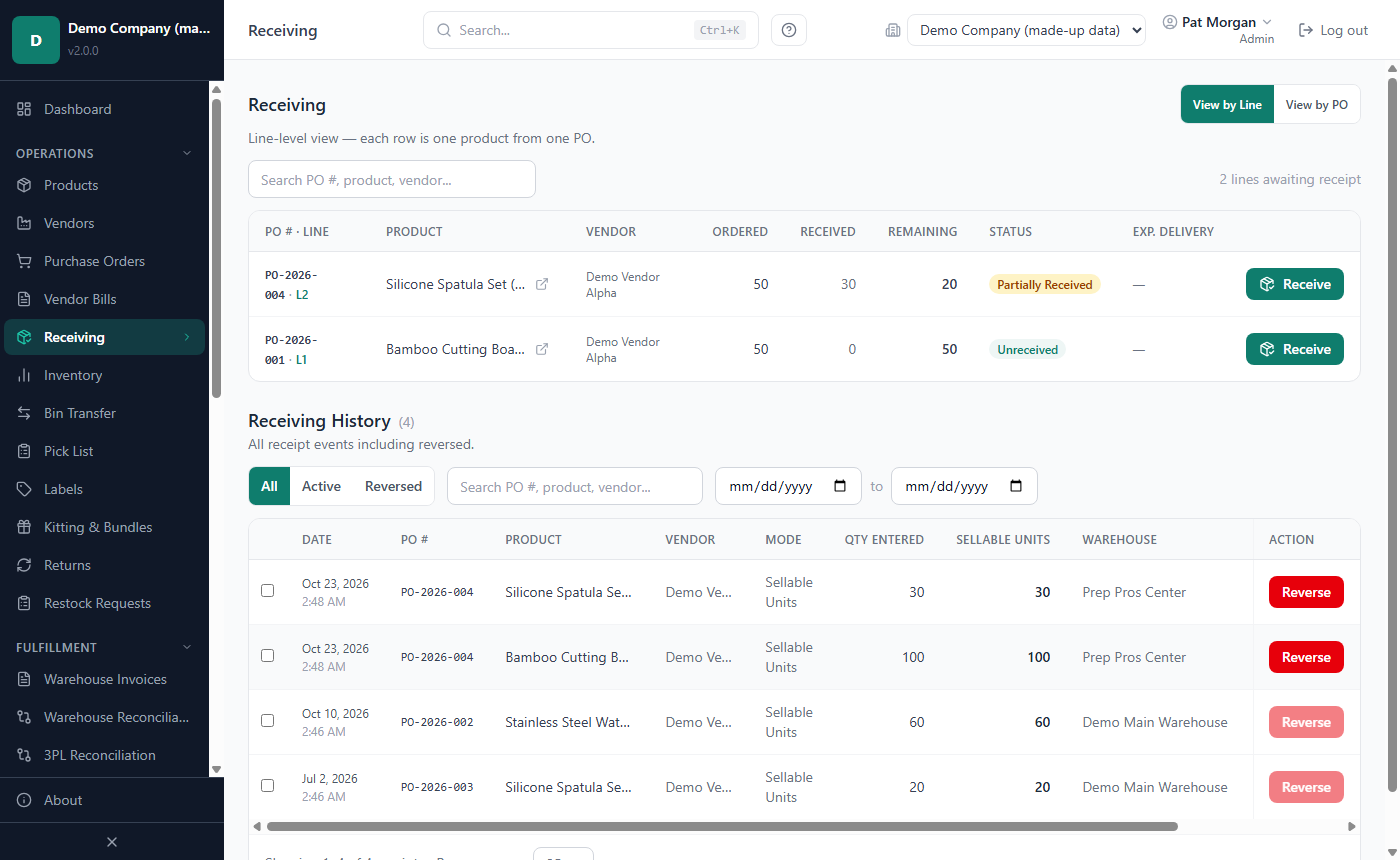 Receiving page in View by Line, listing the open PO lines with ordered, received and remaining units