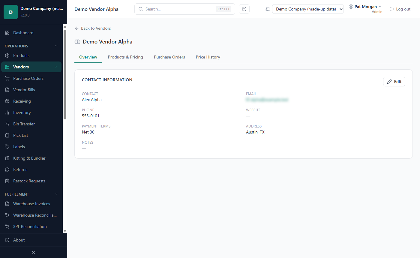 Vendor detail page with the Overview, Products & Pricing, Purchase Orders and Price History tabs
