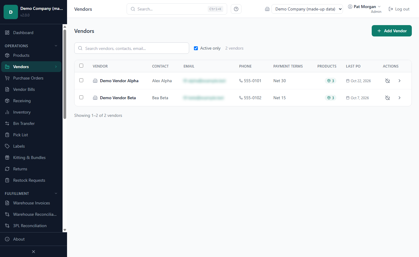 Vendors list with search, the Active only filter and the Add Vendor button