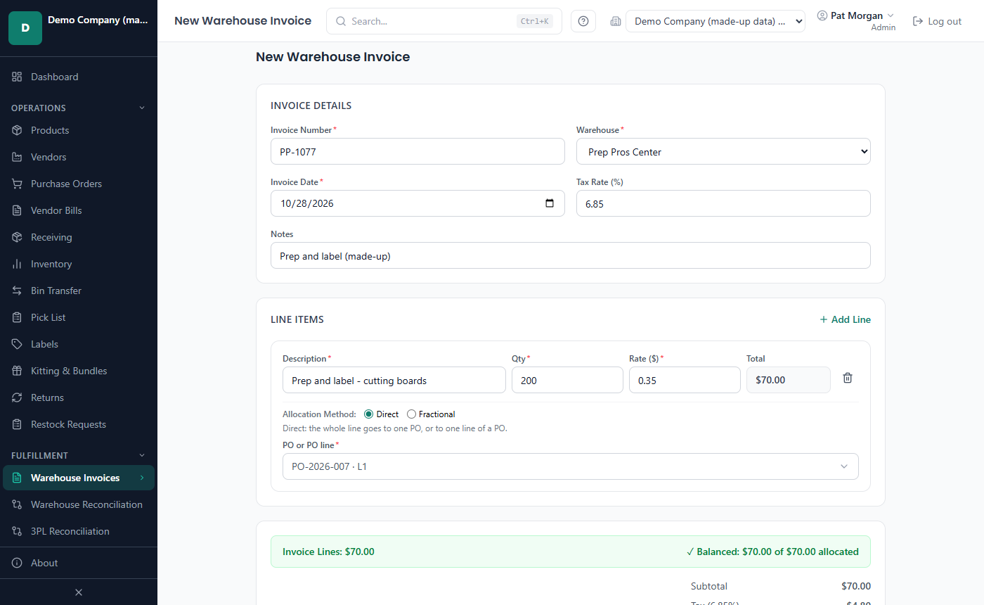 New Warehouse Invoice form with invoice details, a line item allocated to a PO line and the balance bar