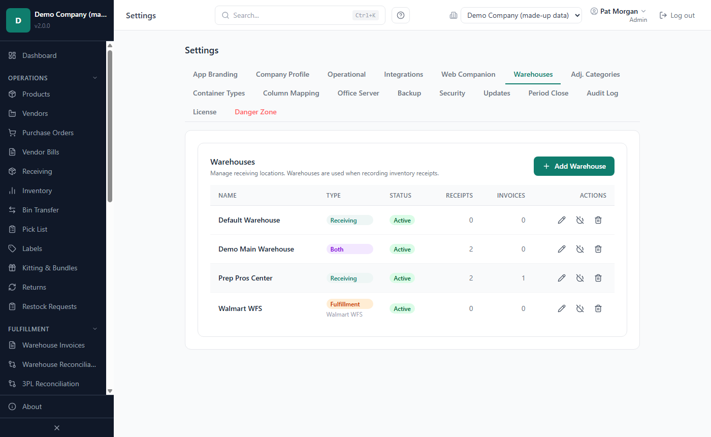 Settings, Warehouses tab listing each warehouse with its type, status, receipts and invoices