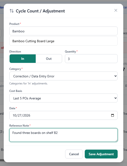 The Cycle Count / Adjustment dialog with an In adjustment and its cost basis