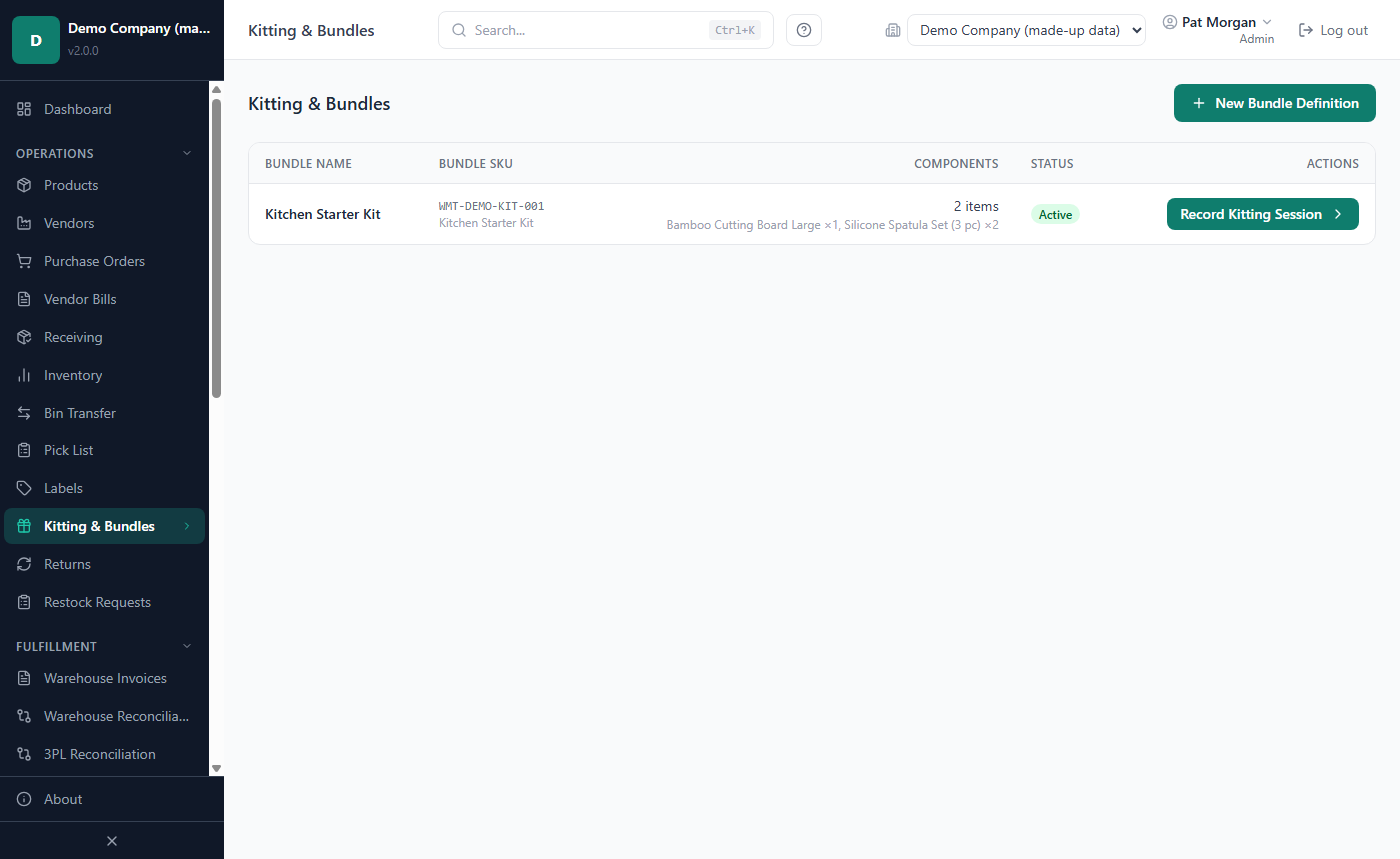 The Kitting & Bundles page with bundle definitions, their components and the Record Kitting Session button