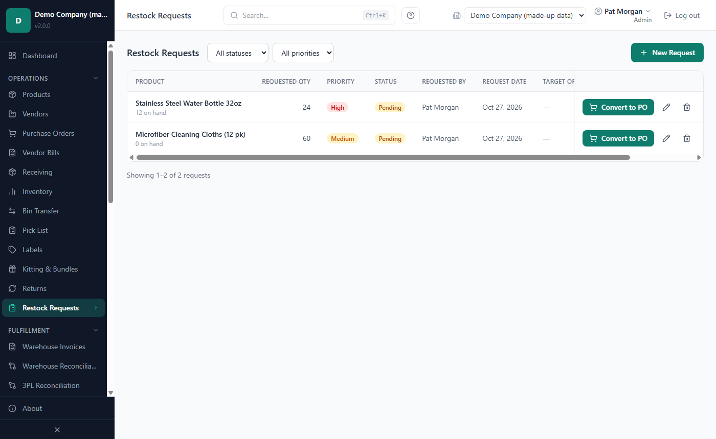 The Restock Requests page with requests, priorities, statuses and the Convert to PO button