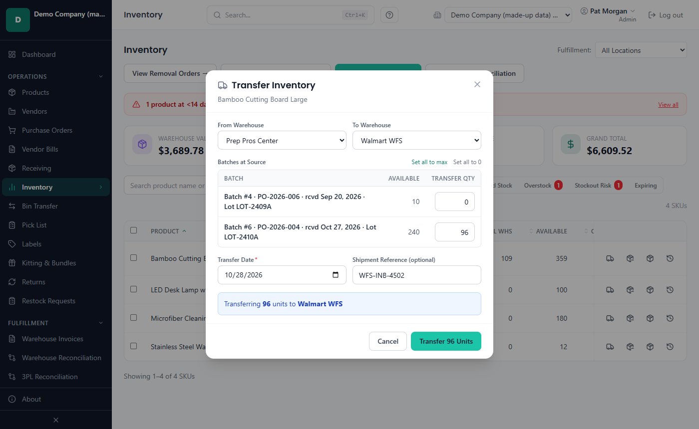 The Transfer Inventory dialog with the batches at the source warehouse and a transfer quantity
