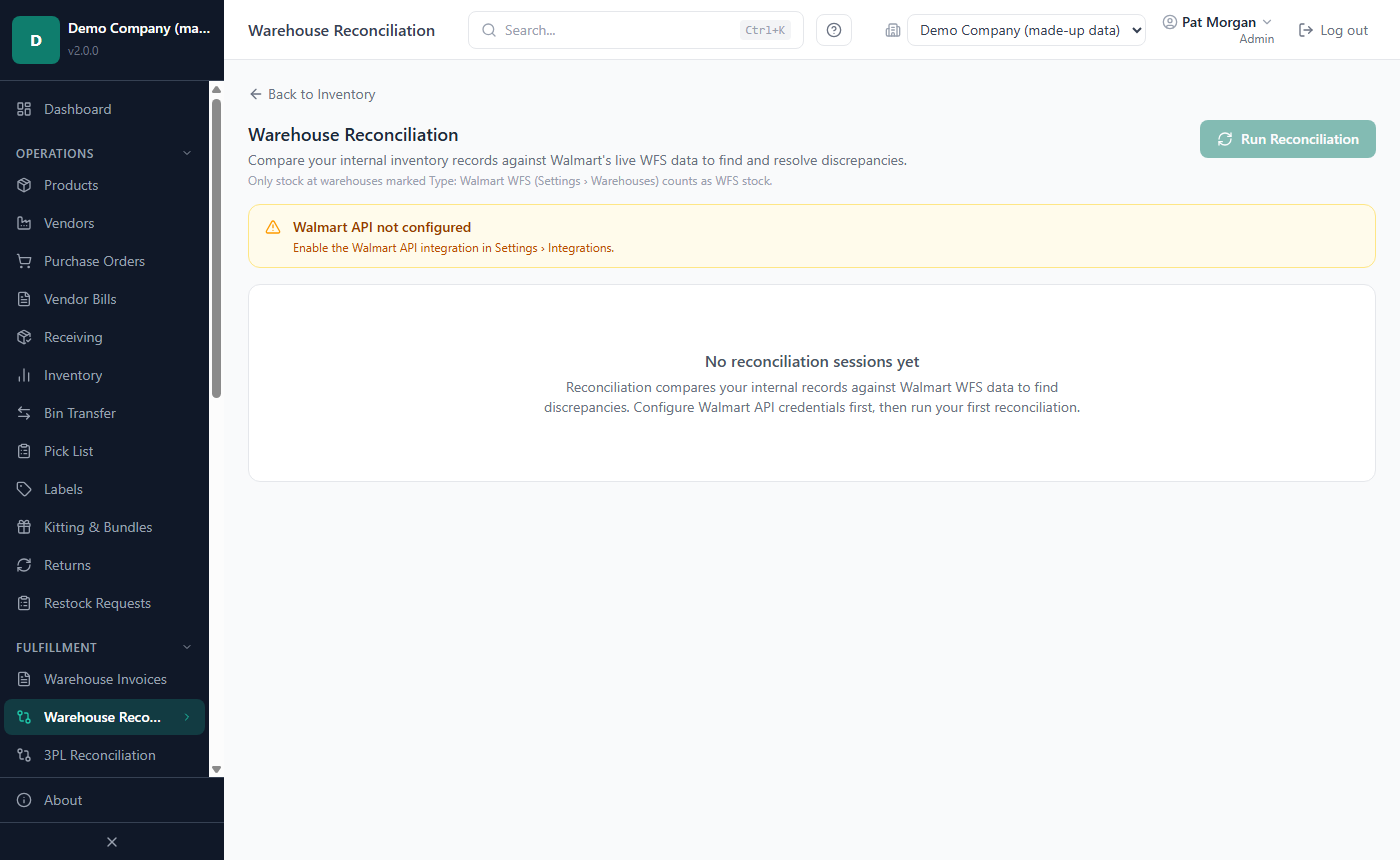 The Warehouse Reconciliation page with the list of reconciliation sessions and the Run Reconciliation button