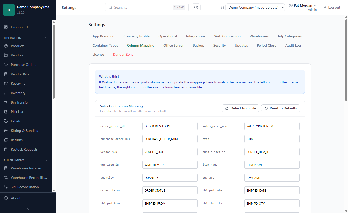 Settings › Column Mapping with the sales and settlement mapping tables and the Ignored Order Statuses list