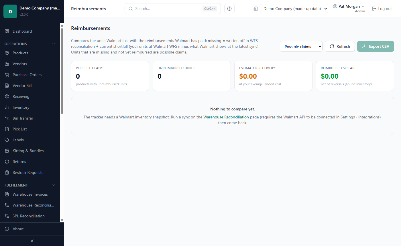 The Reimbursements page with the Possible claims filter and the four summary cards