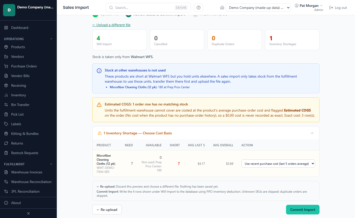 The Sales Import preview with its counts and the Inventory Shortages section where you choose a cost basis