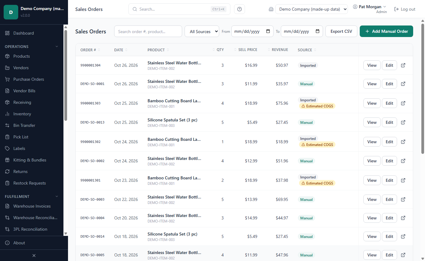 The Sales Orders list with search, source and date filters and the Imported and Manual source badges