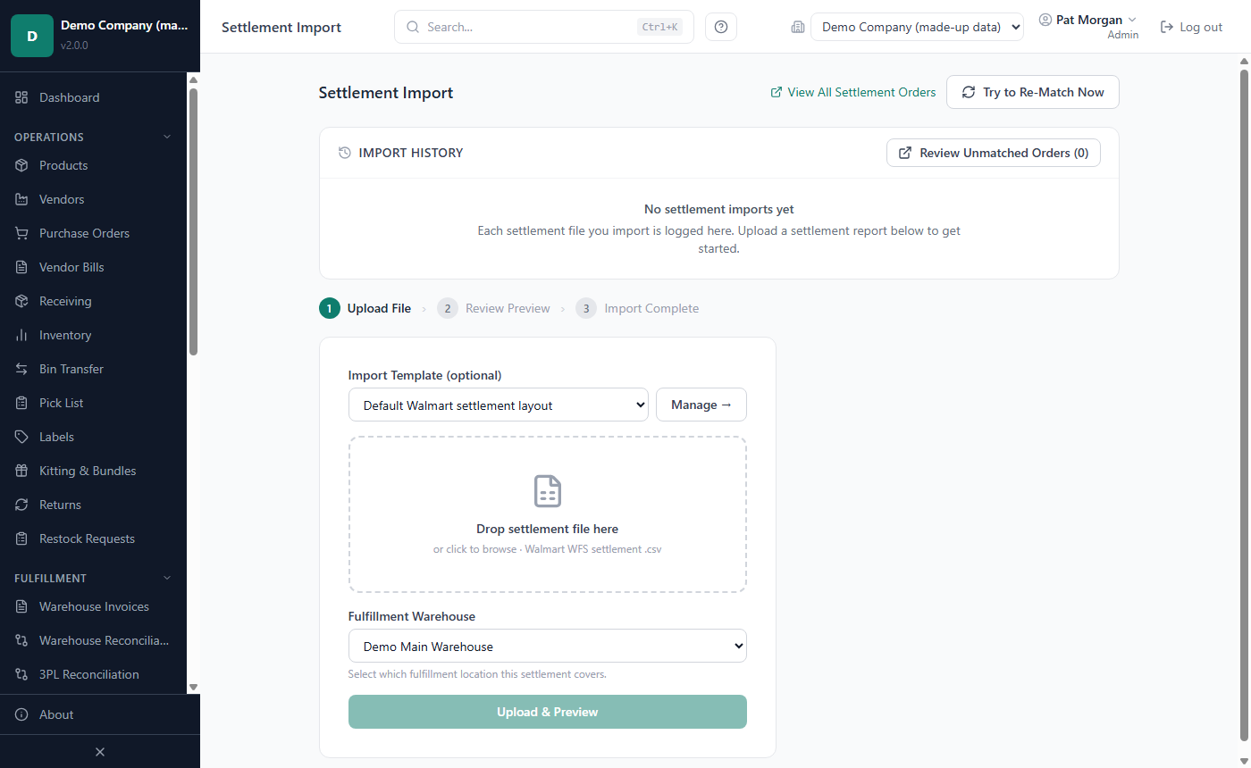 The Settlement Import page at the Upload File step, with the import history and the Review Unmatched Orders button