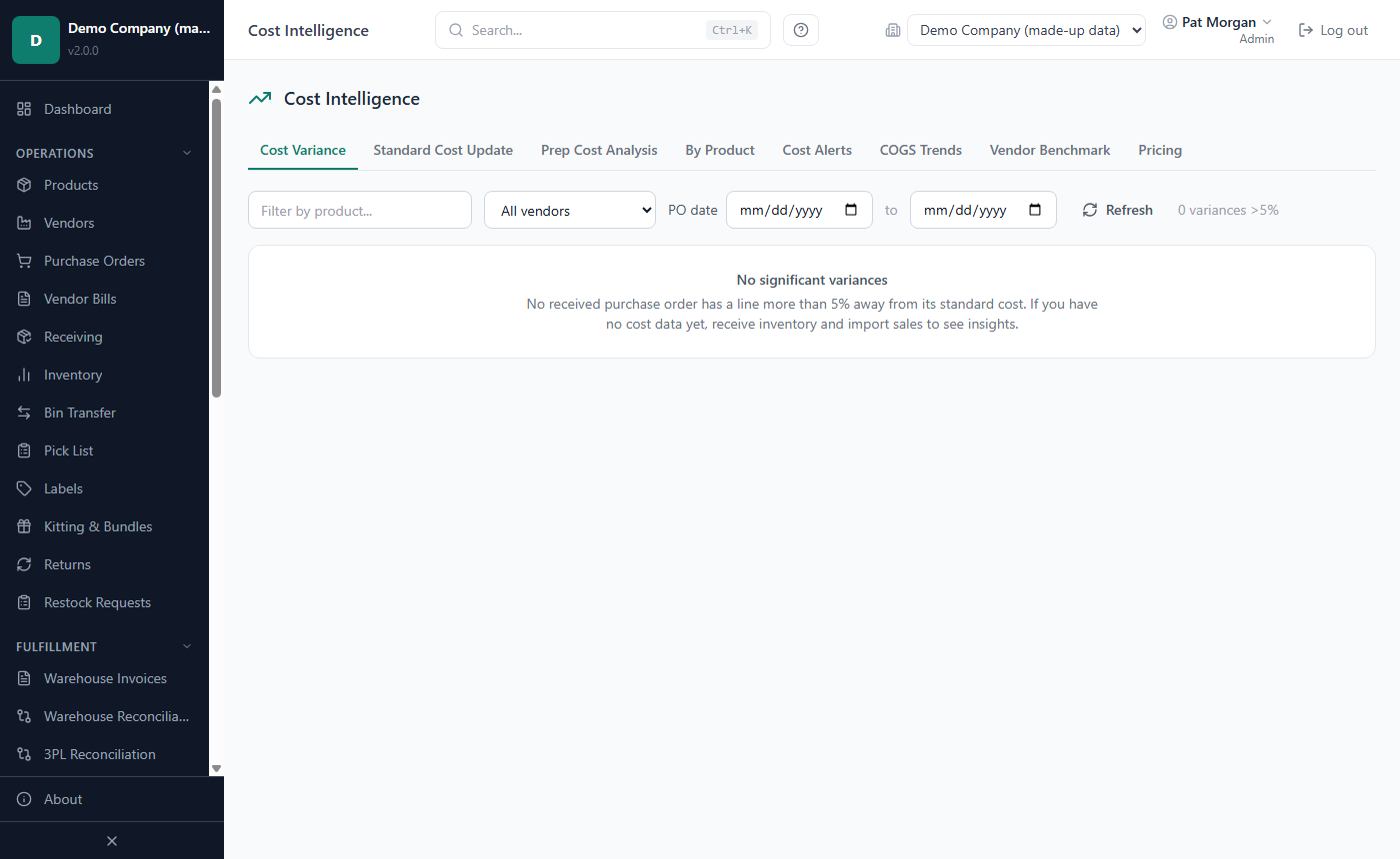Cost Intelligence page with its eight tabs and the Cost Variance list