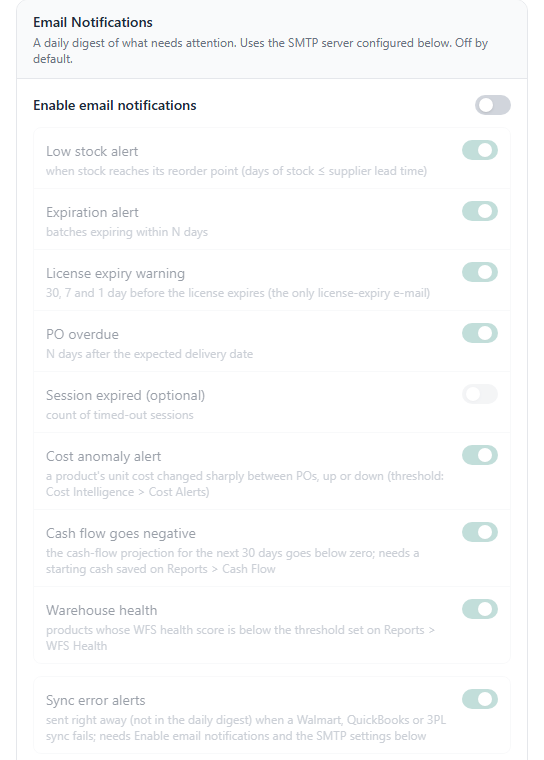The Email Notifications card in Settings, Operational