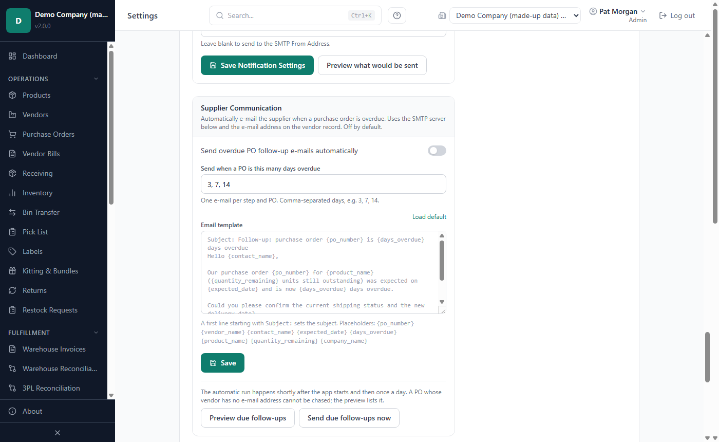 Settings, Operational: Email Notifications, Supplier Communication and the SMTP Server card