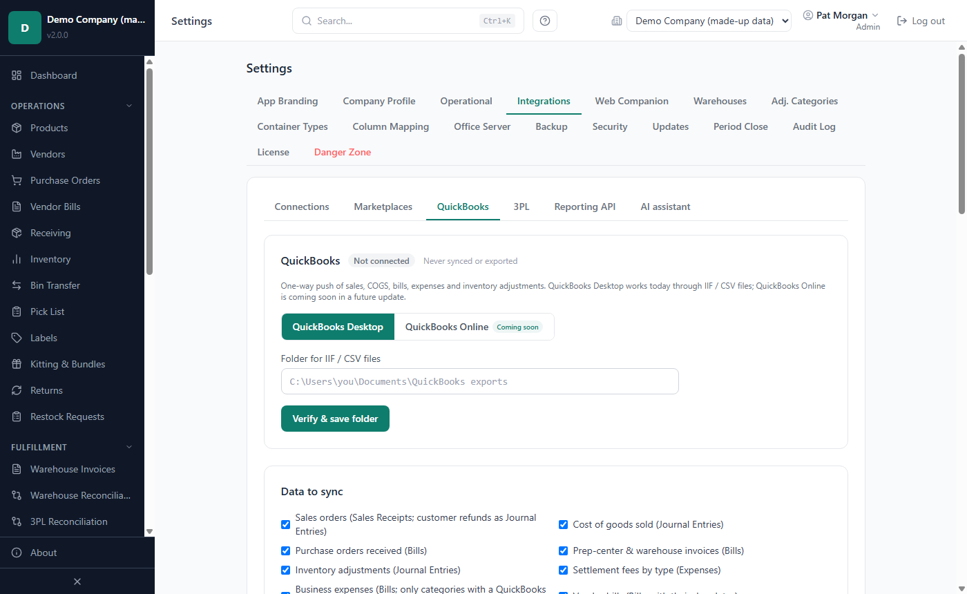 Settings, Integrations, QuickBooks: QuickBooks Desktop selected, export folder, Data to sync, account mapping and sync history
