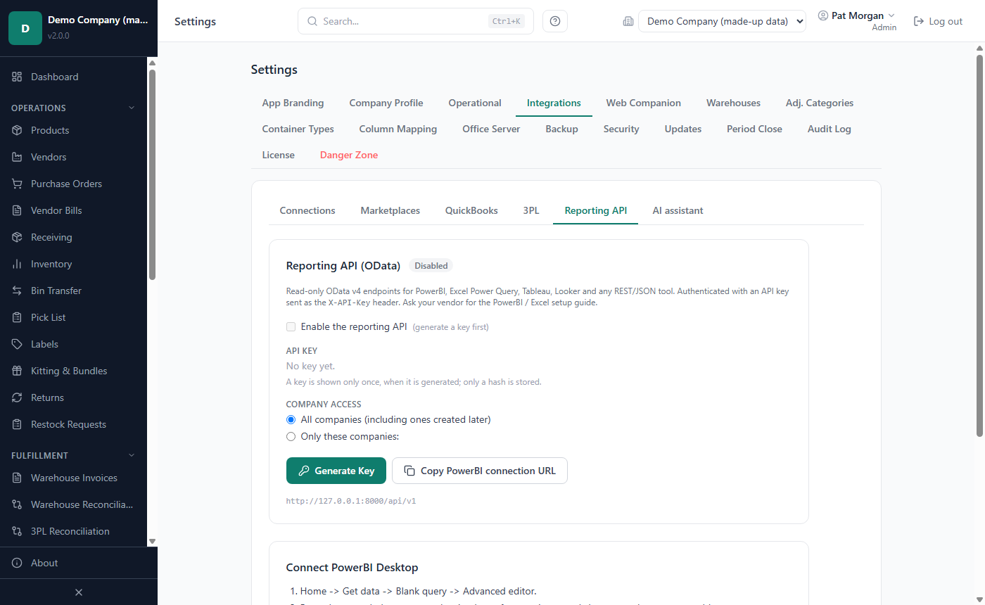 Settings, Integrations, Reporting API: key status, company access and the Connect PowerBI Desktop steps