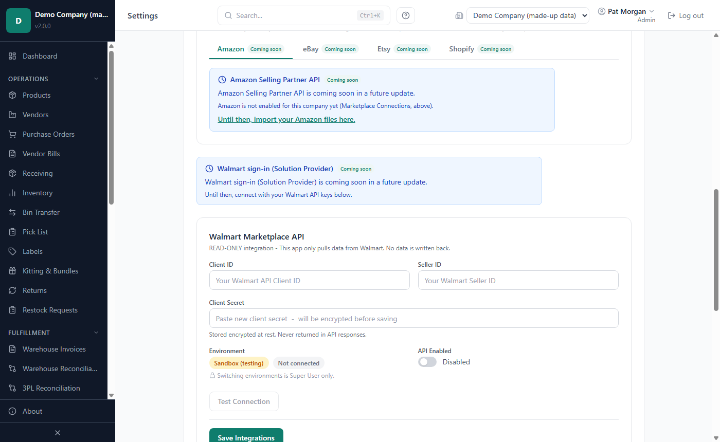 Settings, Integrations, Marketplaces: the Walmart Marketplace API section with Client ID, Seller ID, Client Secret, Environment, API Enabled and Test Connection