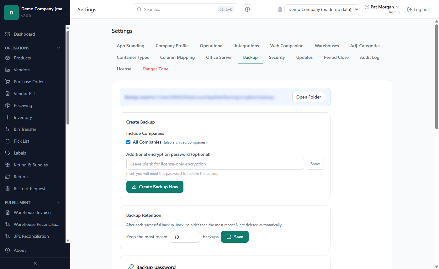Settings, Backup tab: the backups folder with Open Folder, Create Backup, Backup Retention and Existing Backups