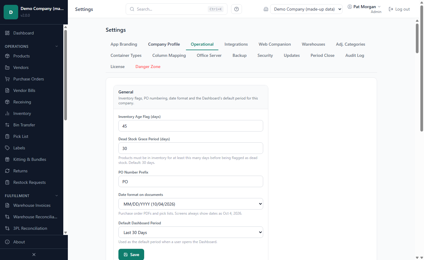 Settings, Operational tab: the General card and the Session timeout card