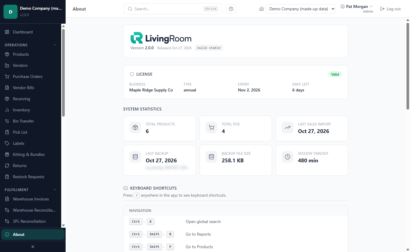 The About page with the version, the license summary and the Support & Licensing contacts
